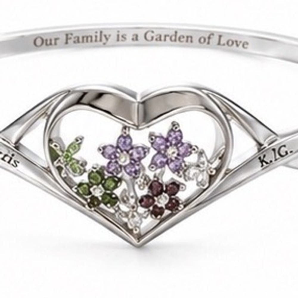 Family Garden of Love Heart Flower Engraved Hinged Bangle Bracelet